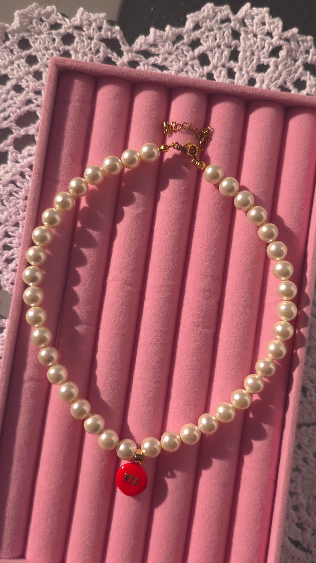 Imitation Pearl Choker with m&m's pendant
